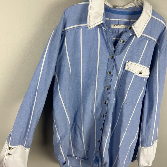 Free People Manchester Blue White Striped Long Sleeve Preppy Button Down XL - Picture 5 of 9